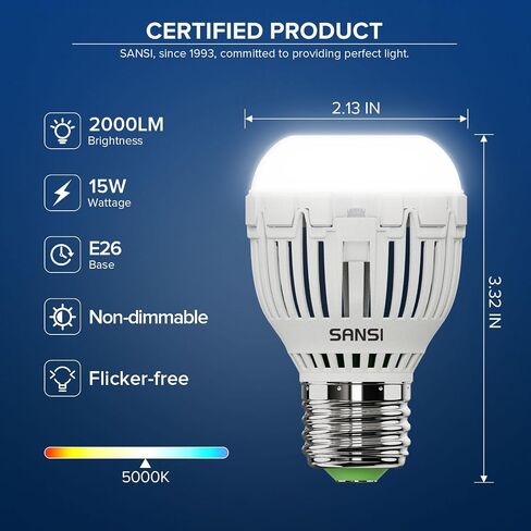 SANSI 130W يعادل A15 LED لمبة الضوء، 2000 لومن 5000K لمبة ضوء النهار الأبيض، توفير الطاقة 25000 ساعة عمر غير قابل للتعتيم 15W LED لمبة للإضاءة المنزلية، 4 عبوات in Kuwait