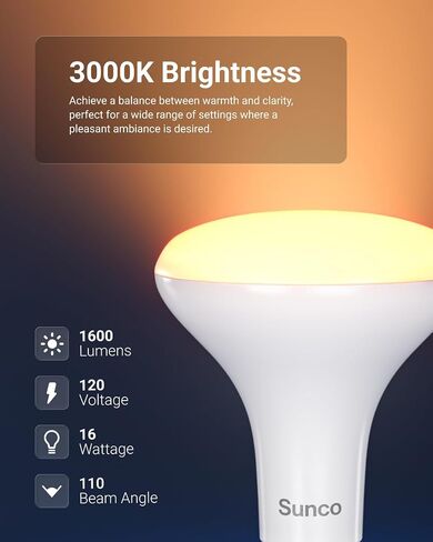 Sunco 6 Pack BR30 LED Bulb, Recessed Can Light Bulbs, Indoor Flood Lighting, 1600 LM, 16W (100W Equivalent) 3000K Warm White, E26 Medium Base, Dimmable UL in Kuwait