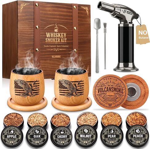 Whiskey Smoker Kit with Torch - Old Fashioned Cocktail Smoker Kit with Bourbon Glasses, 6 Flavors Wood Chips, Birthday Gift for Men, Dad, Whiskey & Bourbon Lovers (No Butane) in Kuwait