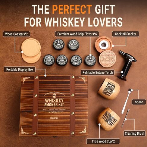 Whiskey Smoker Kit with Torch - Old Fashioned Cocktail Smoker Kit with Bourbon Glasses, 6 Flavors Wood Chips, Birthday Gift for Men, Dad, Whiskey & Bourbon Lovers (No Butane) in Kuwait