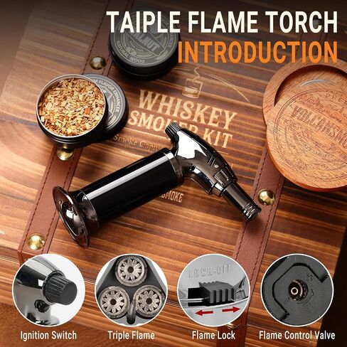 Whiskey Smoker Kit with Torch - Old Fashioned Cocktail Smoker Kit with Bourbon Glasses, 6 Flavors Wood Chips, Birthday Gift for Men, Dad, Whiskey & Bourbon Lovers (No Butane) in Kuwait