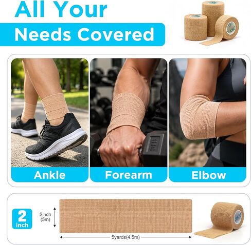 OK TAPE 36 Rolls Self Adhesive Bandage Wrap, (1", 2", 3" x 5 Yards) – 12 Rolls Each Size Elastic Cohesive Bandage Wrap Multi-Color Self Adherent Athletic Tape for Sports Wrist Ankle Vet Wrap in Kuwait