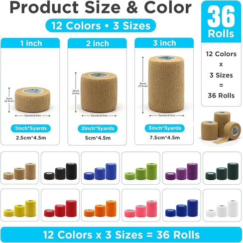 OK TAPE 36 Rolls Self Adhesive Bandage Wrap, (1", 2", 3" x 5 Yards) – 12 Rolls Each Size Elastic Cohesive Bandage Wrap Multi-Color Self Adherent Athletic Tape for Sports Wrist Ankle Vet Wrap in Kuwait