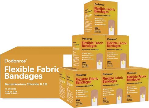 علبة Dodanros كبيرة مكونة من 900 قطعة من الضمادات القماشية المرنة، 1 بوصة × 3 بوصة، عبوة فردية مكونة من 9 صناديق، تتضمن 0.1% بنزالكونيوم، معقمة، قابلة للتنفس | تستخدم للمدرسة، والمستشفيات، والشركات، ومجموعات الإسعافات الأولية. in Kuwait