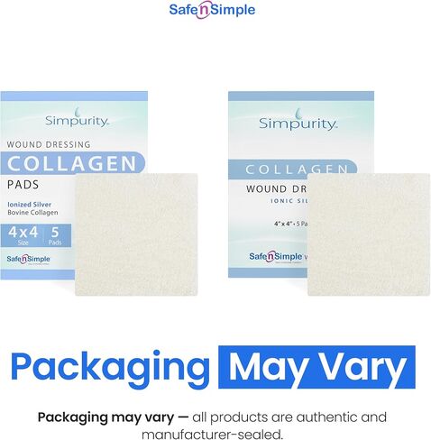 Safe n' Simple Silver Collagen Dressing Pads 4" x 4" 5 Count - Collagen Wound Dressing with Silver, Non-Adherent Collagen Pads for Wound Care, Chronic and Acute Wound Healing Supplies in Kuwait