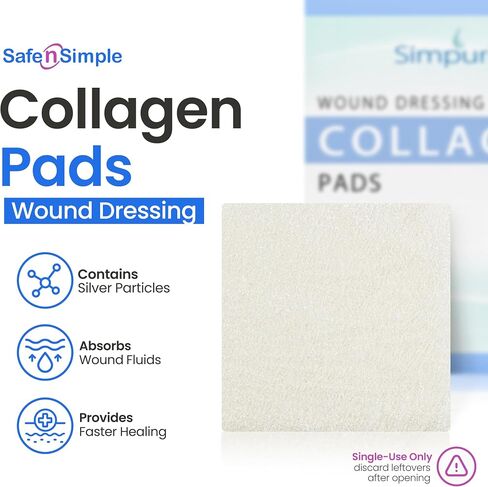 Safe n' Simple Silver Collagen Dressing Pads 4" x 4" 5 Count - Collagen Wound Dressing with Silver, Non-Adherent Collagen Pads for Wound Care, Chronic and Acute Wound Healing Supplies in Kuwait