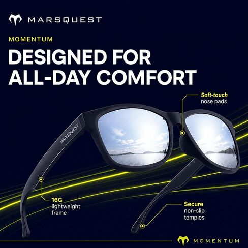 MARSQUEST Polarized Sports Sunglasses for Men & Women, Ultralight 0.6oz Wellington Frame, 100% UV400 UVA UVB Protection, Anti-Glare Driving Fishing Cycling Outdoor Sunglasses Black Silver in Kuwait