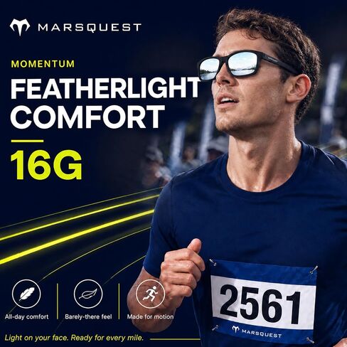 MARSQUEST Polarized Sports Sunglasses for Men & Women, Ultralight 0.6oz Wellington Frame, 100% UV400 UVA UVB Protection, Anti-Glare Driving Fishing Cycling Outdoor Sunglasses Black Silver in Kuwait