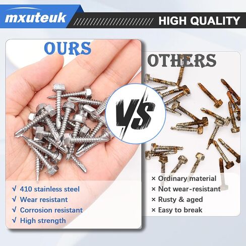 mxuteuk 390 قطعة براغي ذاتية التنصت، 410 براغي ذاتية التنصت من الفولاذ المقاوم للصدأ للمعادن، #8، #10، #12 براغي حفر ذاتية، مسامير معدنية برأس غسالة سداسية مناسبة للخشب أو المعدن أو المواد الصلبة in Kuwait