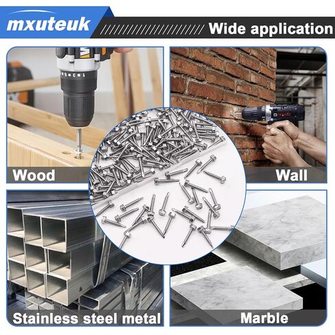 mxuteuk 390 قطعة براغي ذاتية التنصت، 410 براغي ذاتية التنصت من الفولاذ المقاوم للصدأ للمعادن، #8، #10، #12 براغي حفر ذاتية، مسامير معدنية برأس غسالة سداسية مناسبة للخشب أو المعدن أو المواد الصلبة in Kuwait