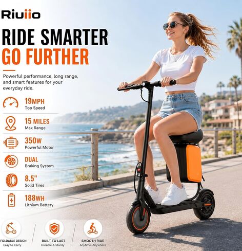 Electric Scooter with Seat for Adults, 350W Motor, 19 MPH Top Speed, 15 Miles Range, Folding Commuter E Scooter with Storage, 8.5 inch Solid Tires, Dual Brake, App Control, UL2272 Certified in Kuwait