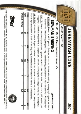 بطاقة 2024 Bowman Chrome University #100 Jeremiyah Love Notre Dame Fighting Irish Football Card - Sportscard Superstore in Kuwait