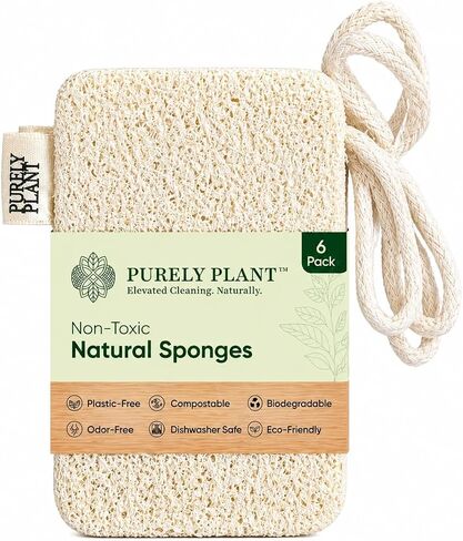 Purely Plant Loofah Dish Sponge 6 Pack–Non Toxic, 100% Plastic Free, Compostable & Biodegradable Premium Kitchen Scrubber, Plant Based, Non-Scratch Scouring Pad for Sink, Tile & Grout Cleaning Luffa in Kuwait
