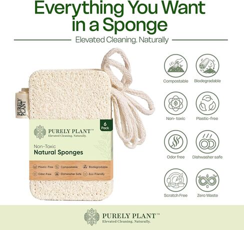 Purely Plant Loofah Dish Sponge 6 Pack–Non Toxic, 100% Plastic Free, Compostable & Biodegradable Premium Kitchen Scrubber, Plant Based, Non-Scratch Scouring Pad for Sink, Tile & Grout Cleaning Luffa in Kuwait