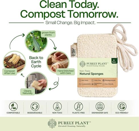 Purely Plant Loofah Dish Sponge 6 Pack–Non Toxic, 100% Plastic Free, Compostable & Biodegradable Premium Kitchen Scrubber, Plant Based, Non-Scratch Scouring Pad for Sink, Tile & Grout Cleaning Luffa in Kuwait