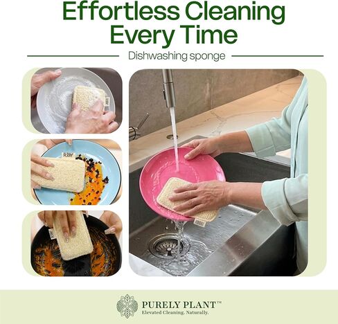 Purely Plant Loofah Dish Sponge 6 Pack–Non Toxic, 100% Plastic Free, Compostable & Biodegradable Premium Kitchen Scrubber, Plant Based, Non-Scratch Scouring Pad for Sink, Tile & Grout Cleaning Luffa in Kuwait