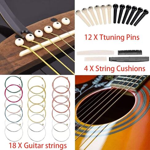 60 PCS All-in-One Acoustic Guitar Maintenance & Starter Kit | Includes Strings, Thumb Picks, 3-in-1 Restring Tool, Bridge Pins, Strap, Picks, Fretboard Stickers in Kuwait