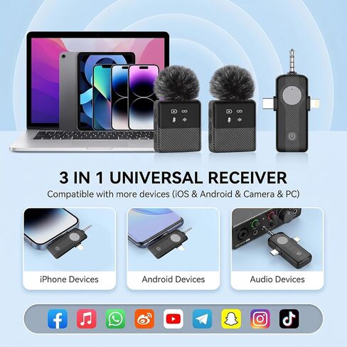 ميكروفون DORNLAT اللاسلكي Lavalier، 3 في 1 ميكروفون على شكل طية صدر السترة لأجهزة iPhone/Android/الكاميرا، إلغاء الضوضاء، ميكروفون صغير الحجم صغير الحجم لمدونات الفيديو، YouTube، TikTok، البث المباشر، تسجيل المقابلة in Kuwait