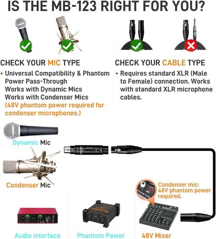 وسادة مخفف ميكروفون StudioMan MB123 XLR، -10/-20/-30 ديسيبل مخفض إشارة ميكروفون قابل للتعديل، مخفف صوت مدمج للتسجيل، متوافق مع الميكروفونات الديناميكية والمكثفة in Kuwait