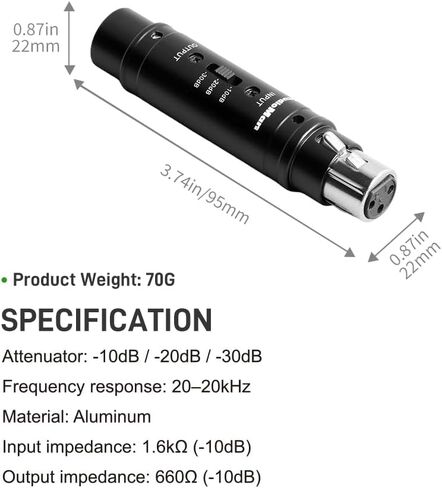 وسادة مخفف ميكروفون StudioMan MB123 XLR، -10/-20/-30 ديسيبل مخفض إشارة ميكروفون قابل للتعديل، مخفف صوت مدمج للتسجيل، متوافق مع الميكروفونات الديناميكية والمكثفة in Kuwait