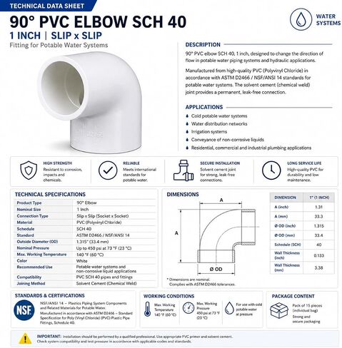 1 بوصة كوع PVC 90 درجة SCH 40 Slip x Slip 15 Pack | تركيبات السباكة الثقيلة in Kuwait