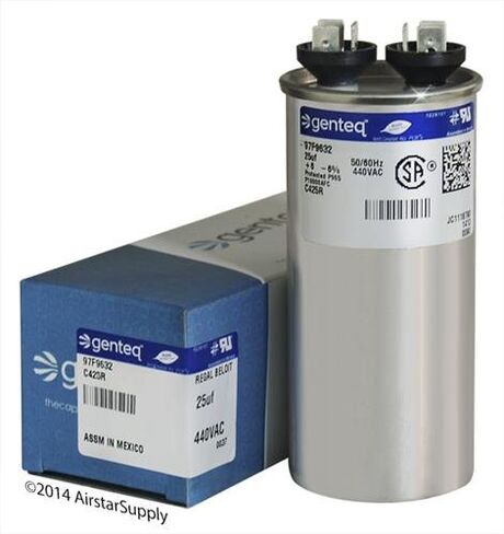 المعيار الأمريكي CPT00442 / CPT-0442 - 25 uF MFD x 440 VAC Genteq استبدال مكثف مستدير # C425R / 97F9632 in Kuwait