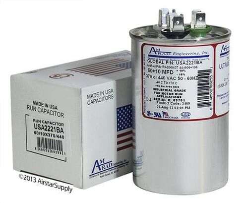 استبدال مكثف التشغيل العالمي المزدوج 60 + 10 فائق التوهج / Mfd استبدال Amrad USA2221BA - يستخدم لـ 370 أو 440 VAC، صنع في الولايات المتحدة الأمريكية. in Kuwait