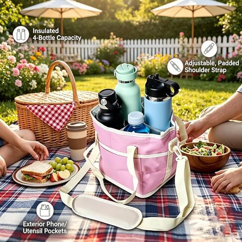 Family Size 4 Compartment Drink Bag, Insulated Multiple Tumbler Holder Caddy with Adjustable Strap, No-Spill Reusable Beverage Carrier for Hiking, Walking, Sports, Travel in Kuwait