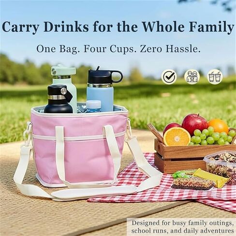 Family Size 4 Compartment Drink Bag, Insulated Multiple Tumbler Holder Caddy with Adjustable Strap, No-Spill Reusable Beverage Carrier for Hiking, Walking, Sports, Travel in Kuwait