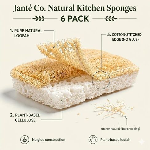 Natural Loofah Dish Sponges by Janté Co. (6-Pack) - Kitchen Sponges | Authentic Natural Loofah - Cotton Stitched - No Synthetic Glue - Air Dry Design - FSC Sourced Cellulose in Kuwait