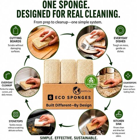 Natural Loofah Dish Sponges by Janté Co. (6-Pack) - Kitchen Sponges | Authentic Natural Loofah - Cotton Stitched - No Synthetic Glue - Air Dry Design - FSC Sourced Cellulose in Kuwait