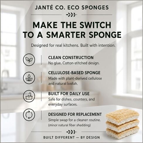 Natural Loofah Dish Sponges by Janté Co. (6-Pack) - Kitchen Sponges | Authentic Natural Loofah - Cotton Stitched - No Synthetic Glue - Air Dry Design - FSC Sourced Cellulose in Kuwait