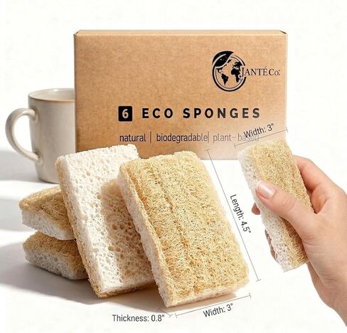 Natural Loofah Dish Sponges by Janté Co. (6-Pack) - Kitchen Sponges | Authentic Natural Loofah - Cotton Stitched - No Synthetic Glue - Air Dry Design - FSC Sourced Cellulose in Kuwait