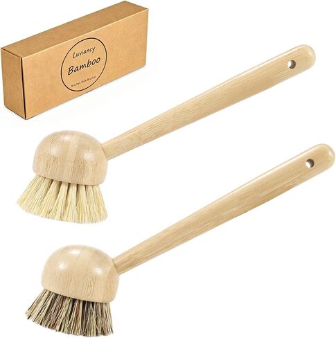 2 Pack Natural Kitchen Dish Brushes with Sisal & Palm Bristles, Long Bamboo Handle Scrubber for Dishes, Cast Iron Pans Pots and Vegetable Cleaning in Kuwait