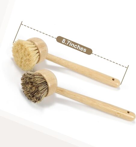 2 Pack Natural Kitchen Dish Brushes with Sisal & Palm Bristles, Long Bamboo Handle Scrubber for Dishes, Cast Iron Pans Pots and Vegetable Cleaning in Kuwait