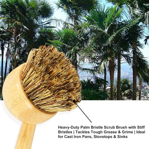 2 Pack Natural Kitchen Dish Brushes with Sisal & Palm Bristles, Long Bamboo Handle Scrubber for Dishes, Cast Iron Pans Pots and Vegetable Cleaning in Kuwait
