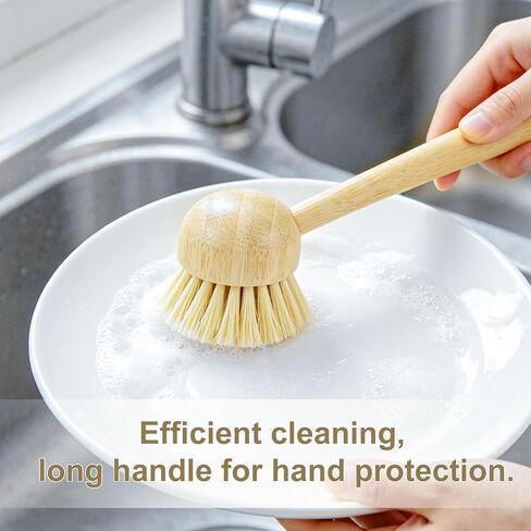 2 Pack Natural Kitchen Dish Brushes with Sisal & Palm Bristles, Long Bamboo Handle Scrubber for Dishes, Cast Iron Pans Pots and Vegetable Cleaning in Kuwait