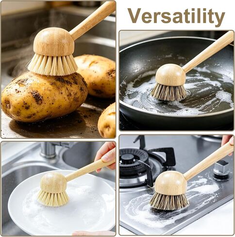 2 Pack Natural Kitchen Dish Brushes with Sisal & Palm Bristles, Long Bamboo Handle Scrubber for Dishes, Cast Iron Pans Pots and Vegetable Cleaning in Kuwait