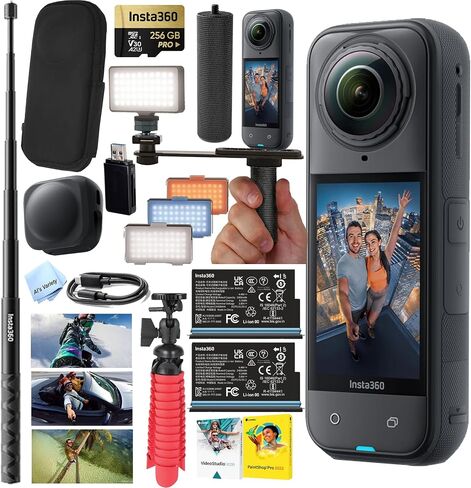 مجموعة كاميرا Insta360 X5 360° 8K - ذاكرة سعة 256 جيجابايت، بطاريات، عصا سيلفي غير مرئية، قبضة يد، ضوء LED، حامل ثلاثي والمزيد in Kuwait