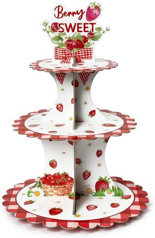 Haooryx Strawberry Cupcake Stand - 3 Tier Berry Sweet Red Plaid Cupcake Tower Cardboard Dessert Holder Pastry Platter for Baby Shower Girls Birthday Spring Summer Holiday Party Table Decoration Supply in Kuwait