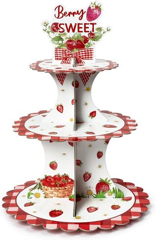 Haooryx Strawberry Cupcake Stand - 3 Tier Berry Sweet Red Plaid Cupcake Tower Cardboard Dessert Holder Pastry Platter for Baby Shower Girls Birthday Spring Summer Holiday Party Table Decoration Supply in Kuwait