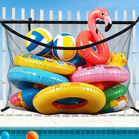 Extra Large Pool Float Storage Net 59"x33.5" – Hanging Mesh Bag for Fence, Pool Toy Organizer for Noodles Floats Balls Inflatables, Above Ground Poolside Storage with Adjustable Straps - Black in Kuwait