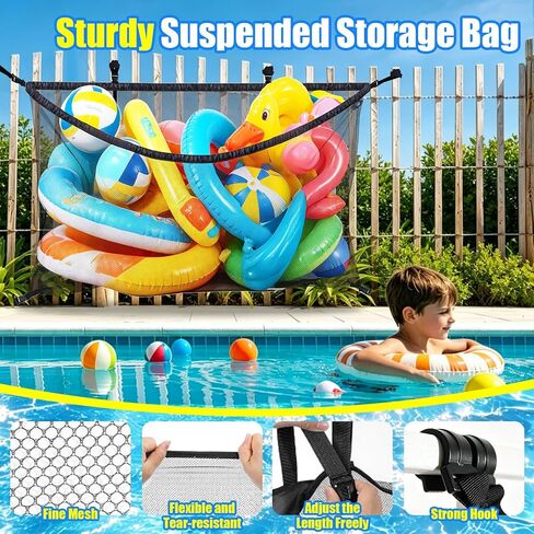 Extra Large Pool Float Storage Net 59"x33.5" – Hanging Mesh Bag for Fence, Pool Toy Organizer for Noodles Floats Balls Inflatables, Above Ground Poolside Storage with Adjustable Straps - Black in Kuwait
