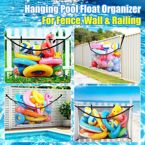 Extra Large Pool Float Storage Net 59"x33.5" – Hanging Mesh Bag for Fence, Pool Toy Organizer for Noodles Floats Balls Inflatables, Above Ground Poolside Storage with Adjustable Straps - Black in Kuwait