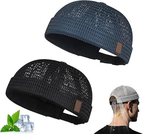 Mens Mesh Brimless Cap,Summer Skullcap Docker Beanie Hat, Summer Mesh Docker Beanie, Adjustable Hip-Hop Hat(2PCS,Black and Navy Blue) in Kuwait