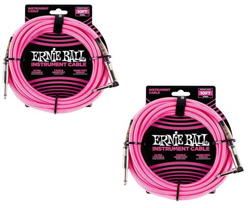 مجموعة كابلات أدوات مضفرة من Ernie Ball بطول مستقيم/زاوية 10 أقدام باللون الوردي النيون (P06078) - عبوة من قطعتين in Kuwait