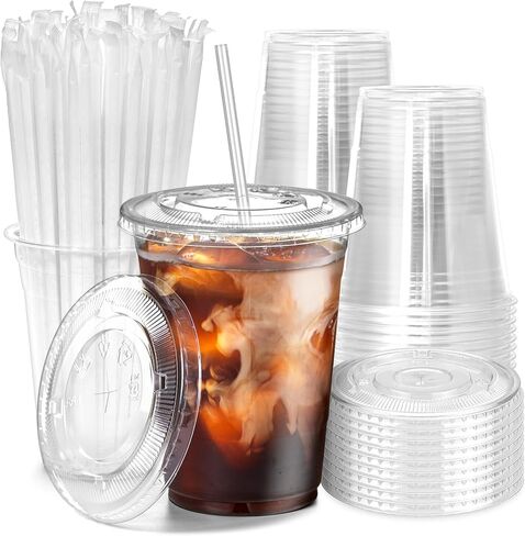Fit Meal Prep 200 Pack 16 oz Plastic Iced Coffee Cups with Flat Lids and Clear Straws, Disposable Clear Cup, BPA Free Cup for Party, Smoothie, Cold Drinks, Juice, Milkshake, Bubble Boba, Tea in Saudi Arabia
