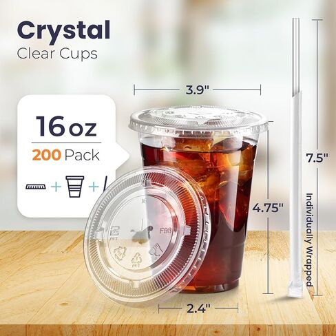 Fit Meal Prep 200 Pack 16 oz Plastic Iced Coffee Cups with Flat Lids and Clear Straws, Disposable Clear Cup, BPA Free Cup for Party, Smoothie, Cold Drinks, Juice, Milkshake, Bubble Boba, Tea in Saudi Arabia