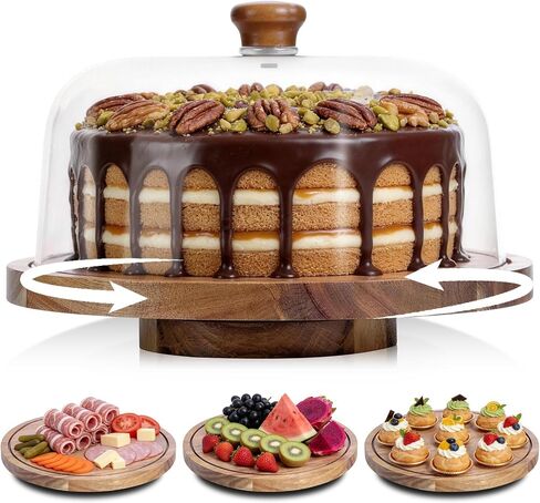 Acacia Wood Cake Stand with Lid, 12in Wooden Cake Stand with Acrylic Dome, Cake Display Stand with Acrylic Dome for Baking, Wedding, Kitchen, Birthday, Parties(Not Glass) in Kuwait