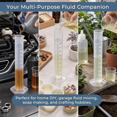 4 Pack Plastic Graduated Cylinder 250ml, Shatterproof Polypropylene Measuring Cylinder Set with Clear Dual Scales, Stable Hexagonal Base and Pour Spout for Home DIY, Crafts, Oils & Fluid Mixing in Kuwait